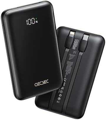 10000 m Ah Portable Power Bank with Built-in Cable – 22.5 W PD Fast Charging, Compact & Lightweight Charger for Apple, Samsung, Google, Motorola – Sleek Grey Design for On-the-Go Convenience and Enhanced Compatibility