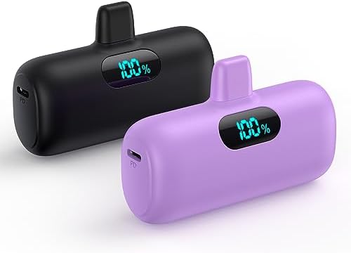 Ultra-Compact 2 Pack Mini Portable Charger 5200 m Ah with PD Fast Charging & LCD Display – Stylish Battery Backup Power Bank for i Phone 14/13/12/XR/7/6 – Your Essential On-the-Go Charging Solution