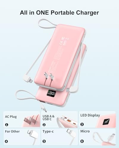 Revolutionize Your Charging Experience with ANOUV 10,000 m Ah Portable Power Bank – Built-in Cables & AC Plug for Fast, On-the-Go USB-C Charging, Compatible with i Phones and All Smart Devices – LED Display for Real-Time Battery Monitoring – The Ultimate Travel Essential for Efficiency and Convenience