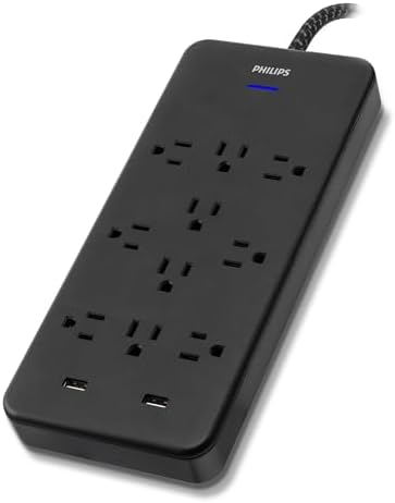 Philips EZFit Surge Protector with 3 Outlet Power Strip and 6 ft Braided Cord – Enhanced Charging Station Featuring 2 USB-A and 1 USB-C, 490 Joules of Surge Protection, Space-Saving Design in Sleek White for Home and Office Use