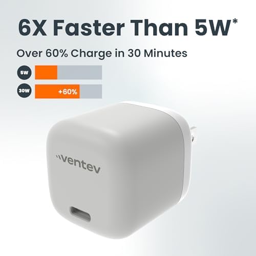 Ventev 30 W USB-C Fast Charging Wall Charger – Compact Design for i Phone 16/15 Series, Air Pods Pro, i Pad Pro, Pixel 9, Samsung Galaxy S25 Ultra | Effortless Power Boost for On-the-Go Charging in Sleek White Finish