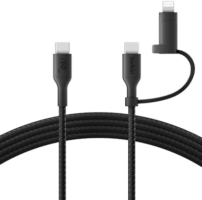 Belkin Boost Charge 2-in-1 Braided USB-C & Lightning Charging Cable (1.5 M) – Fast Multi-Device Charging Solution for i Phone, i Pad, Mac Book, Galaxy, and Nintendo Switch – Durable & Stylish Design with Enhanced Compatibility