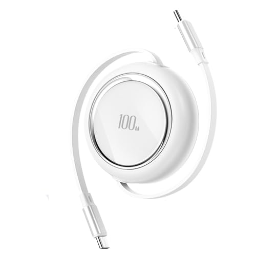 Ultra-Fast 100 W Retractable USB C to USB C Cable – 3.3 ft Mini Travel Charger for i Phone 16/15, Mac Book, i Pad, Samsung Galaxy S24/S21/S10, Note 10 | Adjustable Length for Maximum Convenience and Compatibility – Sleek White Design, Perfect for On-the-Go Power Solutions and Efficient Data Transfer
