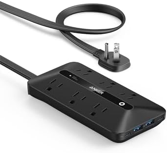 Anker Ultra-Thin 10-in-1 Power Strip with 300 J Surge Protection & USB Charging Hub – 6 AC Outlets, 2 USB-A, 2 USB-C Ports, 5-Foot Extension Cord for Home Office, College Dorm, and Workspaces – Space-Saving Desk Charging Station