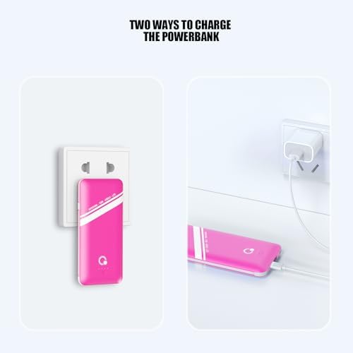 Sleek Pink 10000 m Ah Power Bank – Q Slim Portable Charger with Built-in AC Plug & Dual USB-C Cables for Rapid Charging – Four Output Ports for Universal Mobile Device Compatibility – Perfect for On-the-Go Power Solutions