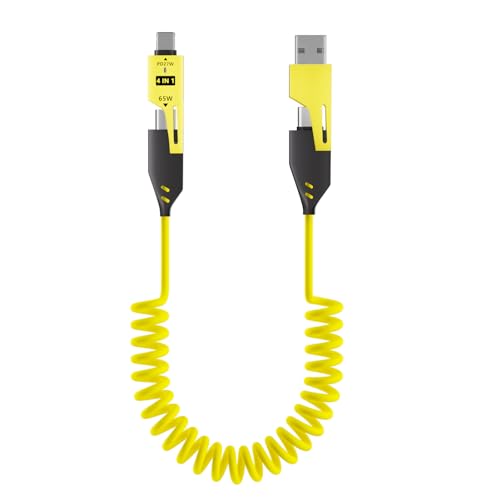 Versatile 4 in 1 Spring Charging Cable – 65 W Fast USB to USB-C Solution for Smartphones and Laptops, Tangle-Free Liquid Silicone Coiled Design in Bright Yellow, Ideal for Home and Travel Charging Needs