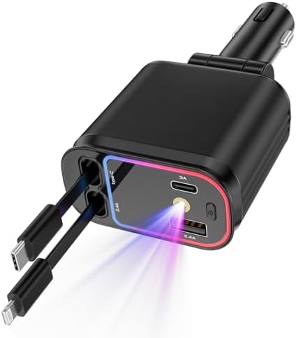Innovative 66 W Retractable Car Charger Adapter with Ambient Starlight – 4-in-1 Fast Charging USB C Hub for i Phone 16/15/14/13/12/11, Galaxy, and Pixel Devices – Dual Retractable Cables for Effortless Multi-Device Charging and Clutter-Free Travel