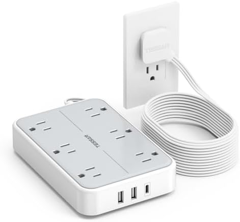 TESSAN 10 FT Flat Extension Cord with Surge Protection: Compact Power Strip Featuring 6 AC Outlets, USB-C & Dual USB-A Ports – Ideal for Home, Office, and Dorm Room Use with Wall Mount Capability for Space-Saving Convenience