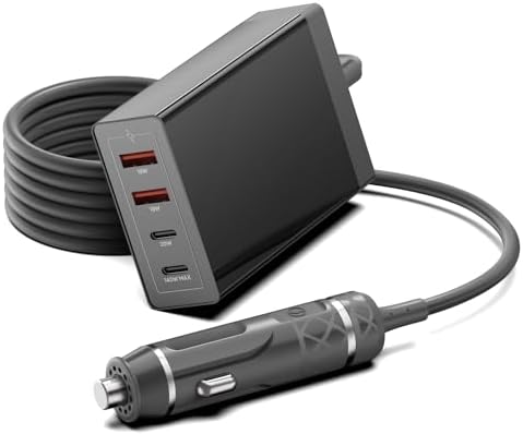 High-Speed 4-Port Car Charging Station with 6.6 FT Cable – HKY 156 W USB-C & QC3.0 Charger for i Phone 15 Pro Max, Samsung S23, Mac Book & More – Ultimate Travel Accessory for Multiple Devices with Enhanced Compatibility and Safety Features