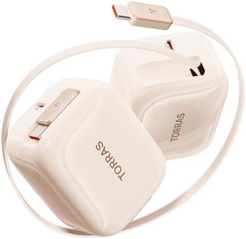 Experience Maximum Efficiency with TORRAS Flex Line 40 W Dual-Port USB-C Charger Block for Galaxy Z Fold 7 – Fast Charging Power Adapter with Retractable Cable, Ideal for i Phone 15/16 & Samsung Galaxy S25/S24 Ultra, Sleek Gold Finish for Ultimate Style and Portability