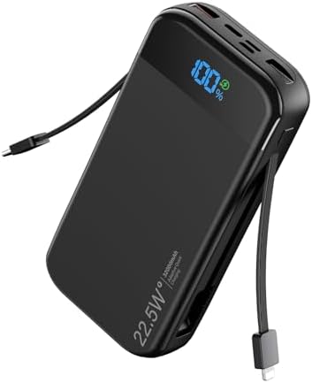 32000 m Ah Portable Power Bank with Built-in Cables – PD3.0 Fast Charging, 5 Outputs, LCD Display, Universal Compatibility for i Phone & Samsung – Ultimate Travel Battery Pack in Orange for On-the-Go Reliability and Efficiency