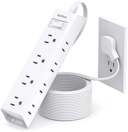 Ultra-Thin Flat Plug Power Strip with 12 AC Outlets – Addtam 5-Ft Surge Protector for Desk and Wall Mount – Multi-Device Charging Station for Home and Office – 1050 Joules Protection, Space-Saving Design for Tidy Workspaces and Enhanced Connectivity