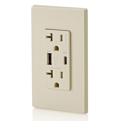 Leviton 60 W In-Wall USB Charger with Dual Type A/Type-C Ports and 20 A Tamper-Resistant Outlet – Fast Charging for Smartphones, Tablets, and Laptops – Modern Light Almond Finish, Ideal for Home and Office Efficiency – Safe, Stylish Power Solution for Tech Enthusiasts