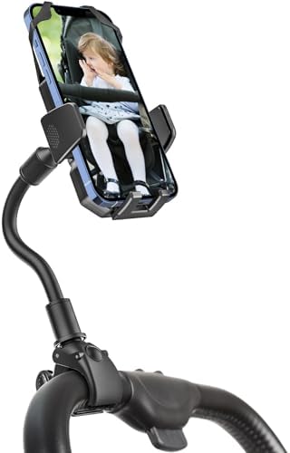 Enhanced Gooseneck Stroller Phone Holder – Versatile One-Handed Smartphone Mount for Strollers, Carts, and Wheelchairs – Universal Compatibility with i Phone 16, 15 Pro Max, 14, 13, 12, 11 & Android Devices – Effortless Hands-Free Convenience with Adjustable Angles – Secure, Durable Clamp for Safe Attachment – Lightweight Design for Easy Portability and Use