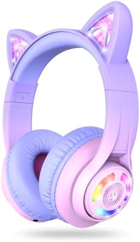 Magical Cat Ear Bluetooth Headphones for Kids – Mesmerizing Gradient Pink with LED Glow, 50-Hour Battery Life, Safe 74/85 d BA Volume Limiting, Superior Bluetooth 5.2 Connectivity & Rapid USB-C Charging for Ultimate Travel Convenience and Enjoyment