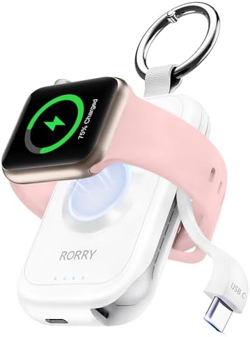 Compact RORRY 2500 m Ah Portable Charger for Apple Watch – Fast Charging Power Bank with Built-in USB-C Cable, Ideal Travel Companion for Series 10, 9, 8, 7, 6, 5, Ultra 2, and SE, Stylish Pink Design for On-the-Go Charging and Enhanced Device Compatibility