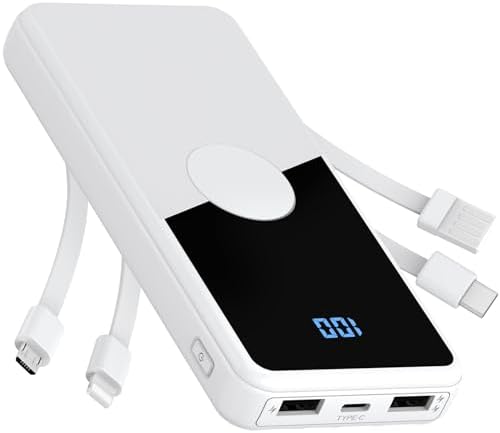 High-Speed Portable Power Bank with Integrated Cables – 10,000 m Ah Travel Charger for Smartphones, Tablets & More – 5 Outputs, 3 Inputs, Ultra-Compact Design for i Phone, Samsung & i Pad – Your Essential Backup Battery for On-the-Go Charging