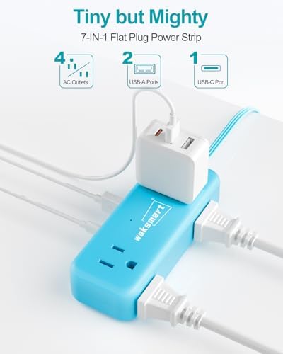 Sleek Flat Plug Power Strip with 5 Ft Extension Cord – 4 AC Outlets & 3 Fast-Charging USB Ports (5 V/3.4 A) – Compact Travel-Friendly Power Solution for College Dorms, Home Offices, and On-the-Go Charging – Maximize Space and Connectivity