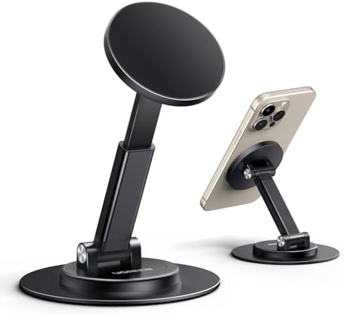 UGREEN Magnetic Phone Stand for MagSafe, Height Adjustable iPhone Stand for Desk with 360° Rotation Compatible for iPhone 16 15 Pro Max 14 Pro 13 12 and MagSafe Case, Black – Enhanced Compatibility and Speed