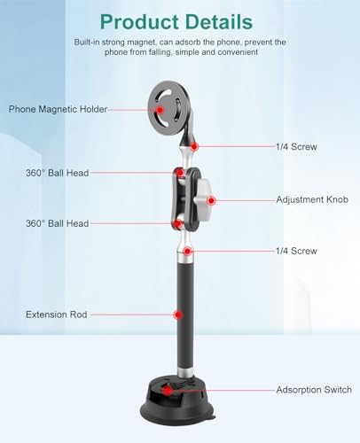 PULUZ 360° Adjustable Magnetic Suction Cup Mount for Smartphones & Action Cameras – Ultimate Dual Ball Head Holder for Secure Windshield & Dashboard Use – Effortless Installation & Enhanced Stability for Safe Navigation & Adventure Filming