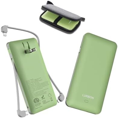 Compact 10000 m Ah Portable Charger with Built-In Cables and AC Wall Plug – Essential USB-C Power Bank for i Phones, Samsung Devices, and Tablets in Vibrant Green – Ultimate Travel Companion for Fast Charging and Universal Compatibility