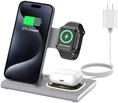 Ultimate 3-in-1 Foldable Wireless Charging Dock for Apple Devices – Rapid Charge Solution for i Phone 16/15/14/13/12/11/X/XS, Apple Watch Series 10/9/8/7/Ultra/SE, and Air Pods 4/3/2/Pro – Compact Travel Charger with Integrated LED Light for Enhanced Convenience and Efficiency