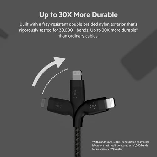Belkin Boost Charge Pro Flex 10 FT Braided USB Type A to Lightning Cable – MFi Certified Fast Charger for i Phone 14/13/12/11/Pro/Max/Mini/SE & i Pad – Durable Pink Design for Enhanced Compatibility & Speed