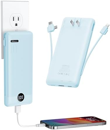 Sleek VRURC 10,000 m Ah Portable Charger with Built-in Wall Plug – Rapid 22.5 W USB Power Bank for Ultimate Travel Convenience – Slim Profile, 4 Outputs & Dual Inputs for Multi-Device Charging – Essential USB-C Compatible Travel Accessory in White