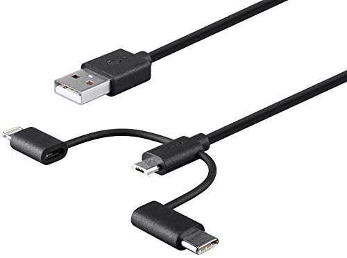 Monoprice 3-in-1 USB Multiport Charging Cable – 3 ft White – Versatile USB Micro-B, USB-C & Lightning Compatibility for Fast Charging and Data Transfer – Essential Tech Accessory for Home, Office, and Travel