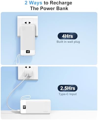 Revolutionize Your Charging Experience with ANOUV 10,000 m Ah Portable Power Bank – Built-in Cables & AC Plug for Fast, On-the-Go USB-C Charging, Compatible with i Phones and All Smart Devices – LED Display for Real-Time Battery Monitoring – The Ultimate Travel Essential for Efficiency and Convenience