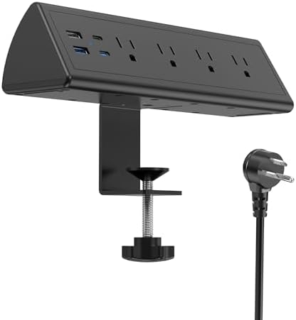 Ultimate Desk Clamp Power Strip with USB C – 4 AC Outlets & 4 Fast Charging USB Ports – 14 AWG Cord for Optimal Power – Secure Edge Mount Design Fits 1.96″ Tablets – Sleek Black Finish – Ideal Office & Nightstand Solution for Enhanced Productivity