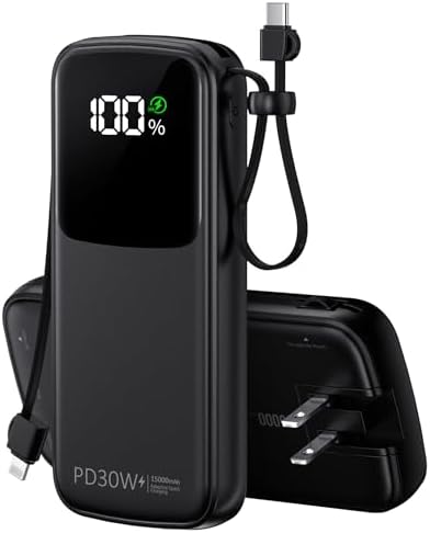 Ultimate UYAYOHU 15000 m Ah Portable Charger with Built-in AC Plug and Dual Output Cables – Lightweight Power Bank for Fast Charging i Phones, Samsung Devices & i Pads – LED Display for Instant Battery Monitoring – Perfect for On-the-Go Lifestyle