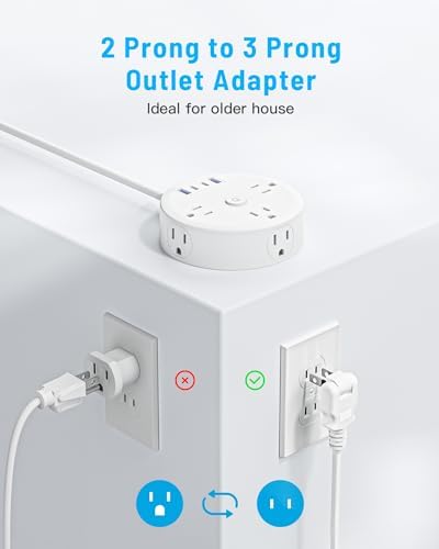 Yozisital PD 20 W 2 Prong Power Strip with 10 FT Extension Cord – 6 Outlets & 4 USB Ports (2 USB-C) for Rapid Charging, 180° Rotating Plug, Surge Protection – Perfect Solution for Older Homes with Limited Outlets