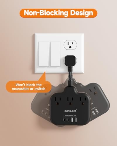 Stylish Brown Travel Power Strip with 5 Ft Cord – Compact Extension Solution Featuring 3 AC Outlets & 4 USB Ports (2 USB-C) for Rapid Charging – Ideal Desk Accessory for Tan Wood and Walnut Grain Décor – Maximize Functionality & Aesthetics in Any Space