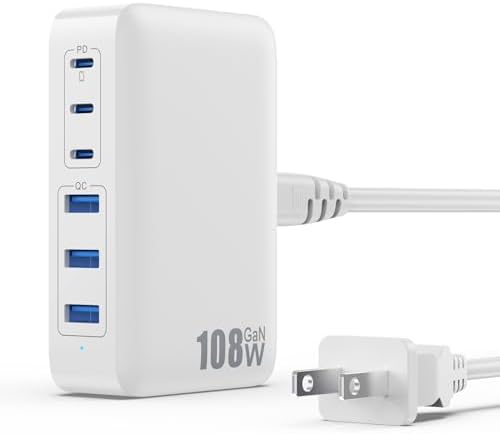 108 W Pink Ga N III USB C Charging Hub – 6-Port Fast Charger for i Phone 15 Pro, Samsung & More – Quick Charge & Power Delivery Compatible – Stylish Multi-Device Power Station with Intelligent Safety Features – Ideal for Home, Office & Travel Use