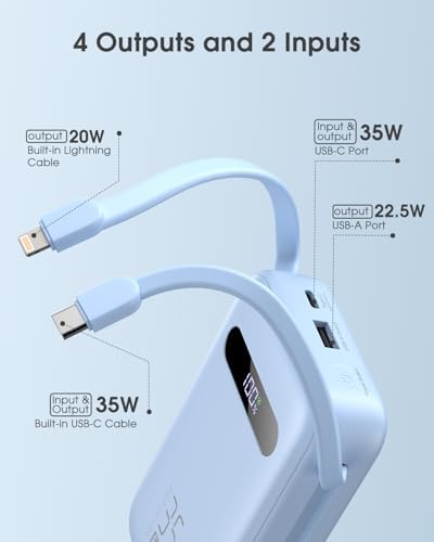 Ultimate 20,000 m Ah Energy QC Power Bank: 35 W PD 3.0 & QC 4.0 Ultra-Fast Charging Portable Charger with Dual Built-In Lightning & USB-C Cables for i Phone 16/15/14, Galaxy S24, i Pad, Air Pods – All-Day Power & 4-Device Charging with Smart LED Display for Travel & Emergencies