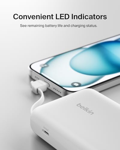 Belkin 10,000 m Ah Portable Charger – Fast Charge Power Bank with Integrated Cable for i Phone 16, i Pad Pro, Galaxy S25 – 20 W USB-C Power Delivery – Lightweight Pink Design for Ultimate Portability and Versatile Compatibility