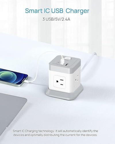 BEVA 10 ft Travel Power Strip with USB – Compact Cube Charging Station Featuring 4 Spacious Outlets and 3 Fast USB Ports for Home, Office, and Dorm Use – Overload Protection for Safe, Efficient Power Management