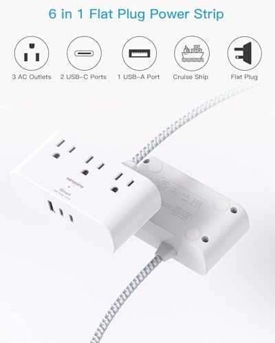 HANYCONY Ultra Thin Flat Plug Power Strip – 6 Ft Extension Cord with 3 Outlets & 3 USB Ports (2 USB-C) for Travel, Dorms & Cruise Ships – Space-Saving Multi Plug Outlet Extender for Fast Charging & Enhanced Device Compatibility