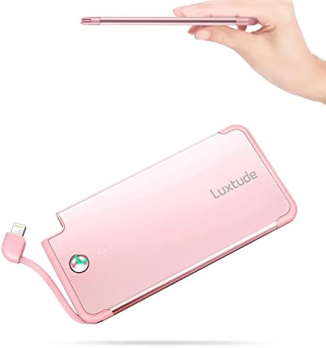 Ultra-Slim Luxtude Portable Charger with Built-in MFi Lightning Cable – 5000 m Ah Power Bank for i Phone 14, 13, 12, 11, 10 | Sleek Metal Black Design for Effortless Charging On-the-Go | Lightweight and Durable Phone Battery Pack for Everyday Use