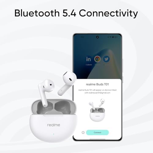 realme Buds T01 True Wireless Earbuds – Cutting-Edge AI ENC Noise Cancellation for Superior Call Clarity, Dynamic 13 mm Drivers for Immersive Sound, 28-Hour Battery Life for Uninterrupted Enjoyment, 88 ms Low Latency for Gaming Excellence, Bluetooth V5.4 for Effortless Connectivity – Perfect for Music Lovers and Gamers Alike (White)