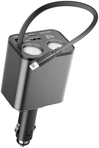Paiholy Advanced 5-in-1 Retractable Car Charger with Dual USB Ports and Dual Cigarette Lighter Outlets – 159 W Fast Charging Solution for i Phone and All Car Electronics – Clutter-Free Design for Ultimate Travel Convenience