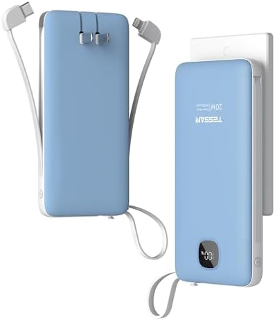 TESSAN 10,000 m Ah Portable Charger with Built-In Cables and Fast 20 W Charging – Compact Power Bank with Foldable Wall Plug for i Phone 16/15, Samsung, and Tablets – Essential Travel Companion for Uninterrupted Device Power