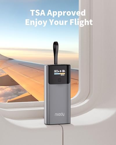 Miady 10000 m Ah PD 35 W Ultra-Fast Charging Power Bank with Smart Digital Display – Compact USB-C Portable Charger for i Phone 15/16, Galaxy S24/S22 – Multi-Device Charging with Built-in Cable and Real-Time Power Monitoring – Ideal for Travel and Outdoor Adventures