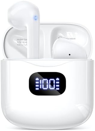 Premium Bluetooth 5.3 Wireless Earbuds with 40-Hour Playtime | IPX7 Waterproof In-Ear Headphones for Sports and Everyday Use | Ergonomic Comfort Fit with Superior Sound and Clear Calls | Sleek White Design with LED Charging Case | Universal Compatibility for All Devices