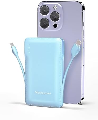 Ultra-Slim 10000 m Ah Portable Charger with Integrated Dual Cables – Fast Charging Power Bank for Android & i OS Devices – Compact Travel Essential with USB-C In/Out for Ultimate Convenience and Enhanced Compatibility