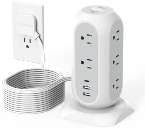 TESSAN Ultra Thin Flat Plug Power Strip Tower – 11 Outlet Surge Protector with 3 USB Charging Ports, 5 FT Retractable Extension Cord for Optimal Desk Organization, Essential Office and Dorm Accessory with 1050 J Protection
