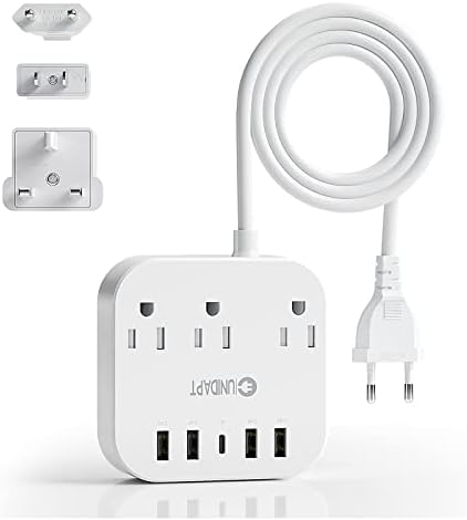 Universal Travel Power Strip with European Plug Adapter – Unidapt US to UK Adapter for EU/UK/US with 4 USB Ports Including USB-C, 3 AC Outlets, Wall Mountable Design, 5 ft Extension Cord for Home, Cruise, and Travel (Black) – Enhanced Device Compatibility and Fast Charging Solutions