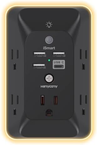HANYCONY Versatile Black Outlet Extender with USB-C and Night Light – 4-Port Surge Protector Power Strip for Fast Charging in Home, Office, and Dorm Settings – Maximize Device Compatibility and Safety