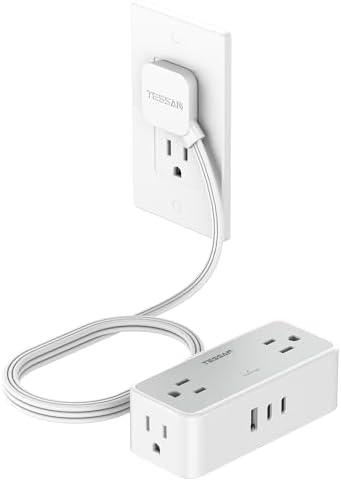 TESSAN 5 FT Flat Plug Extension Cord with 4 AC Outlets, 1 USB-C & 2 USB-A Ports – 900 Joules Surge Protector Power Strip for Home Office & Dorm Room – Maximize Charging Efficiency & Space Savings with Versatile Power Accessory